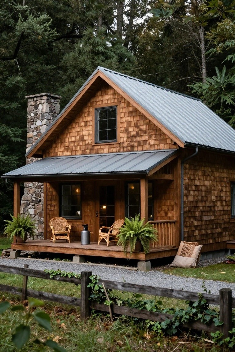 Small cottage with dark wood shingle siding, gray metal roof, stone chimney, covered porch holding wicker chairs and plants, set amid dense forest with gravel path and split rail fence.