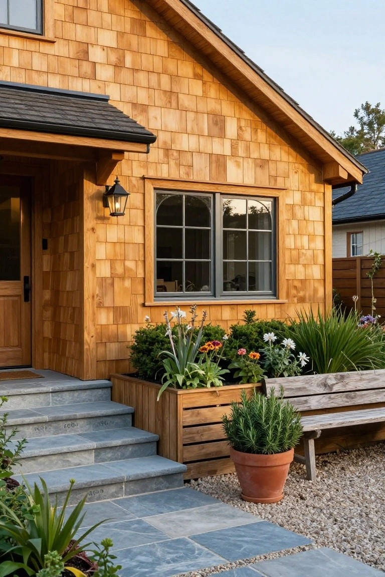 A wood shingle-clad cottage exterior featuring a covered entry porch with a wooden door, arched window, wall lantern, stone steps, wooden planter box with plants, potted rosemary, weathered bench, and gravel ground cover.