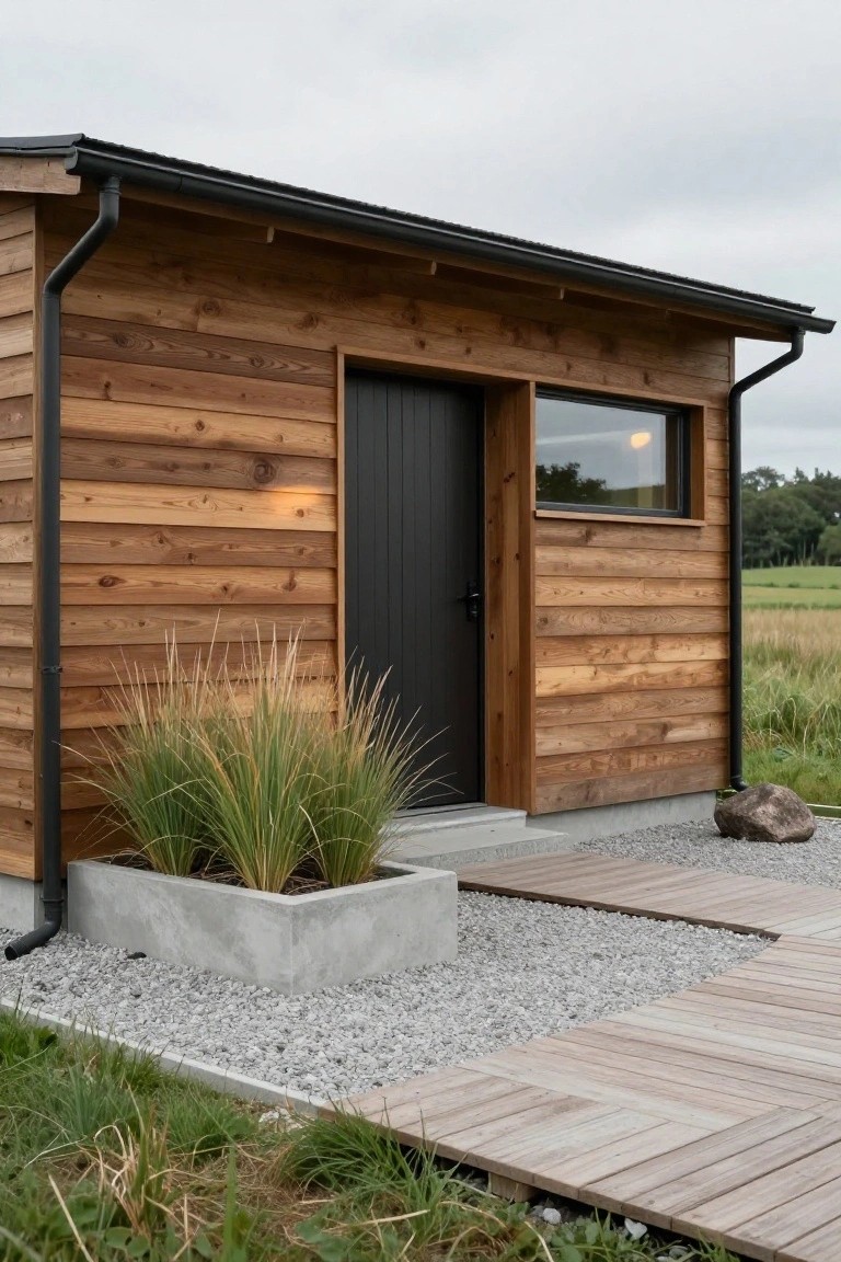 Small wooden cabin exterior featuring horizontal wood siding, matte black front door and window frame, concrete steps, gravel area with potted grasses, wood path, and surrounding fields.