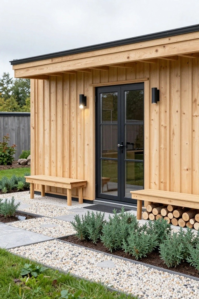 Small wooden garden cabin with vertical plank siding, black-framed glass double doors, wall-mounted lights, flanked by wooden benches, lavender plants, pebble and gravel path, and stacked firewood.