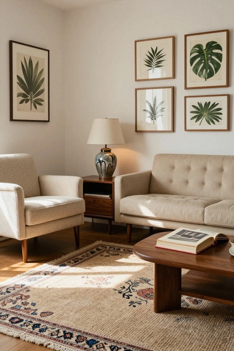 Neutral living room featuring cream upholstered mid-century sofa and armchairs, wooden side table with ceramic lamp, low wooden coffee table, framed botanical leaf prints on white walls, and a cream rug with colorful patterns.