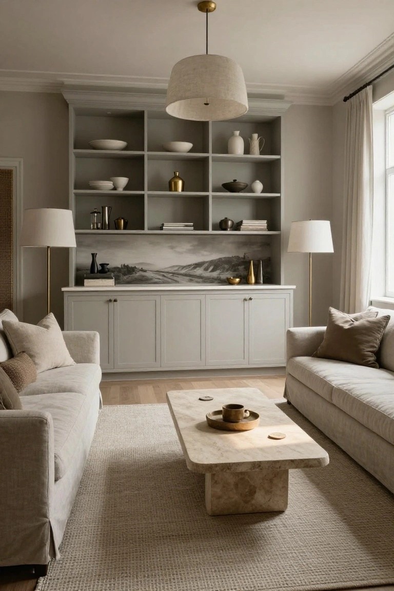 Neutral living room with two beige linen sofas facing a travertine coffee table on a wool rug, next to a tall light gray built-in cabinet unit with open shelves displaying pottery and books above a landscape mural.