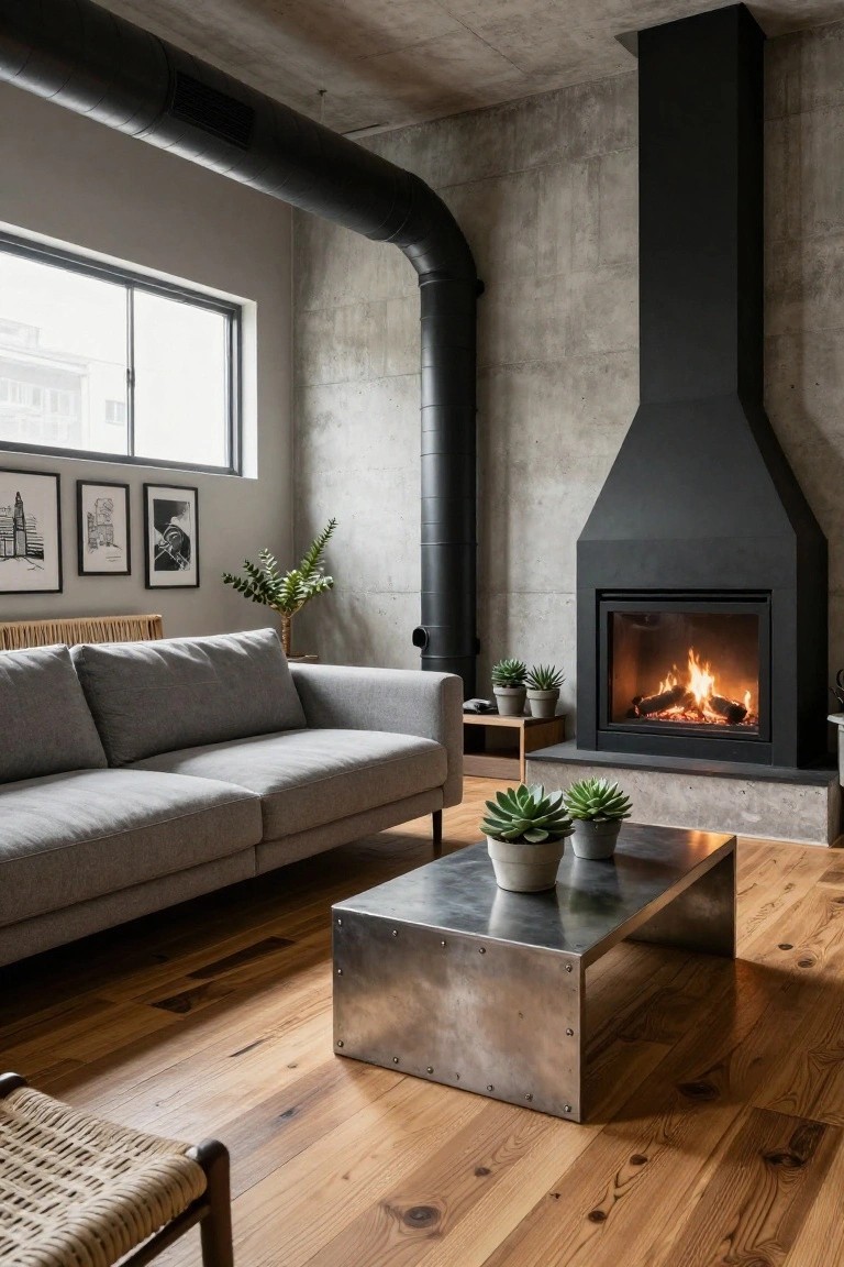 Modern living room interior with exposed concrete walls and black ductwork, a burning fireplace in a black surround, gray sofa, metal coffee table on light wood floors, rattan chair, and potted plants.