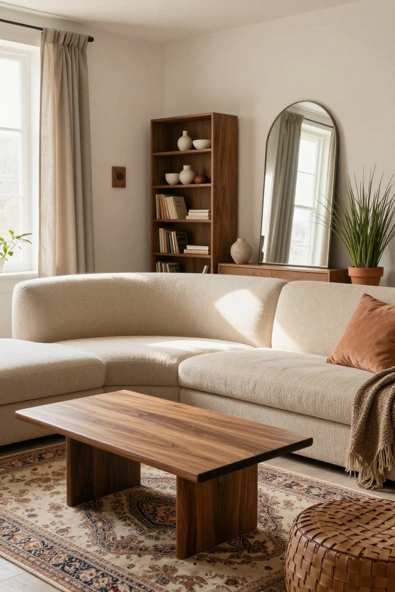 A light neutral living room with a curved cream sofa, low wooden coffee table, beige Persian rug, wooden bookshelf with ceramics, tall arch mirror, potted plants, and a wicker pouf.