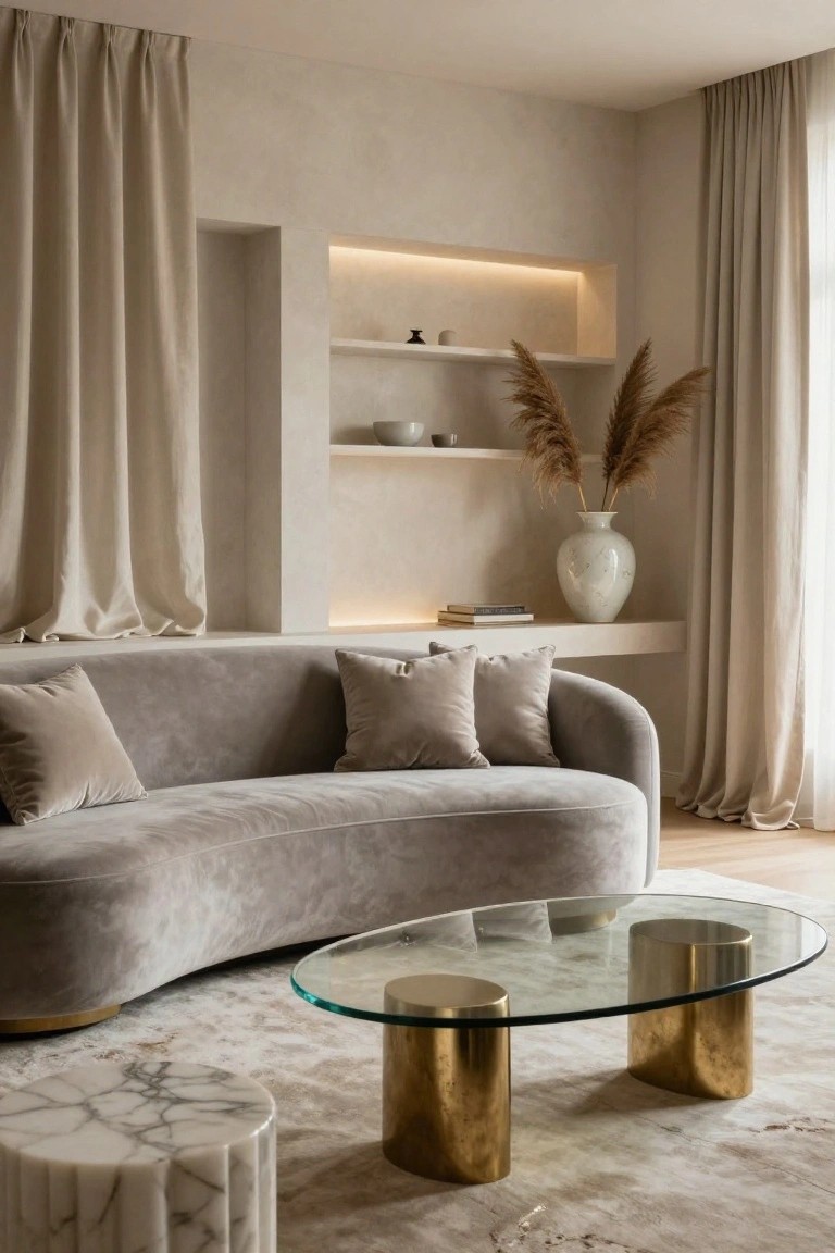 Neutral living room with curved gray velvet sofa, oval glass coffee table on brass bases, fluted marble stool, pampas grass in vase on shelf, and beige curtains.