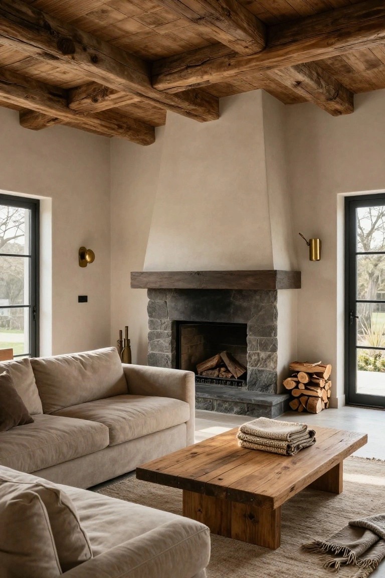 Neutral living room with dark exposed wooden beam ceiling, tall stone fireplace, beige sofa, wooden coffee table with folded throws, stack of firewood, and black-framed doors opening to outdoors.