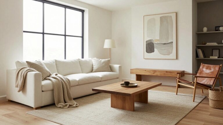 Corner living room with white walls, black-framed windows, cream sofa with throw blanket, low rectangular wooden coffee table, tan leather armchair, white fireplace with logs, seagrass rug, potted plants, and abstract wall art.