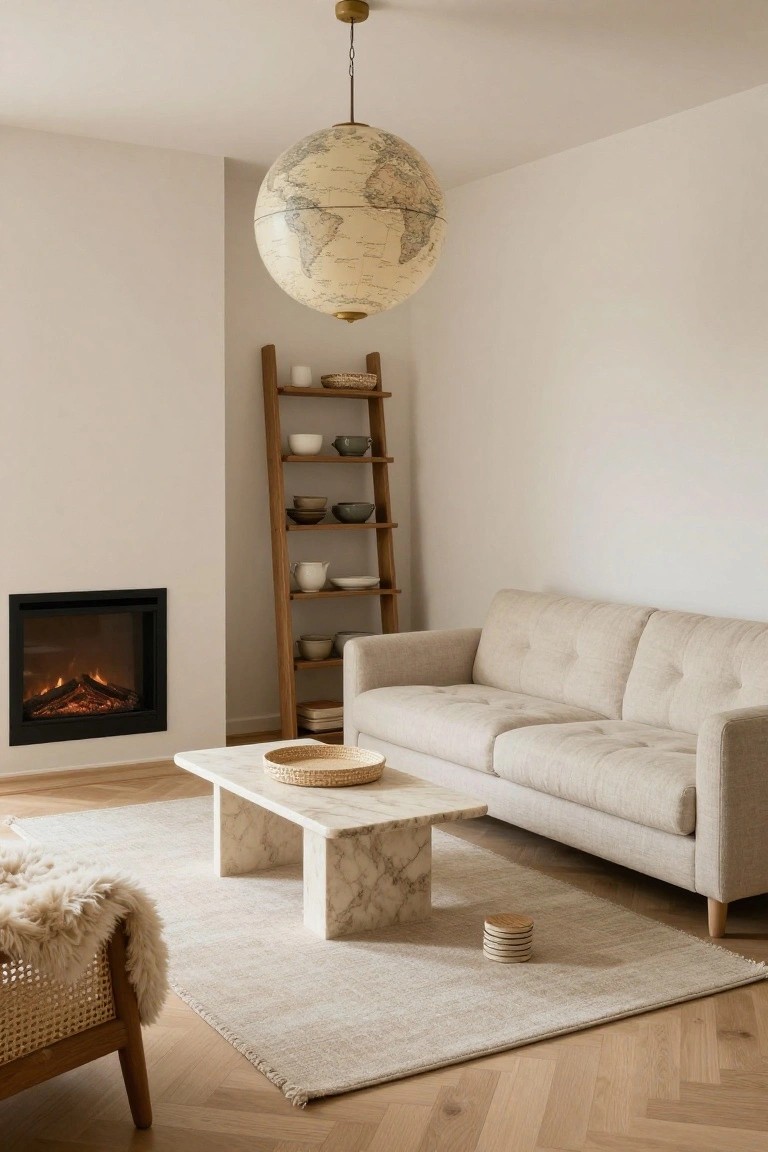 Neutral living room with beige tufted sofa, low white marble coffee table, leaning wooden ladder shelf holding ceramic bowls and plates next to black-framed electric fireplace, large beige globe pendant light overhead, herringbone oak floor, and cream rug.