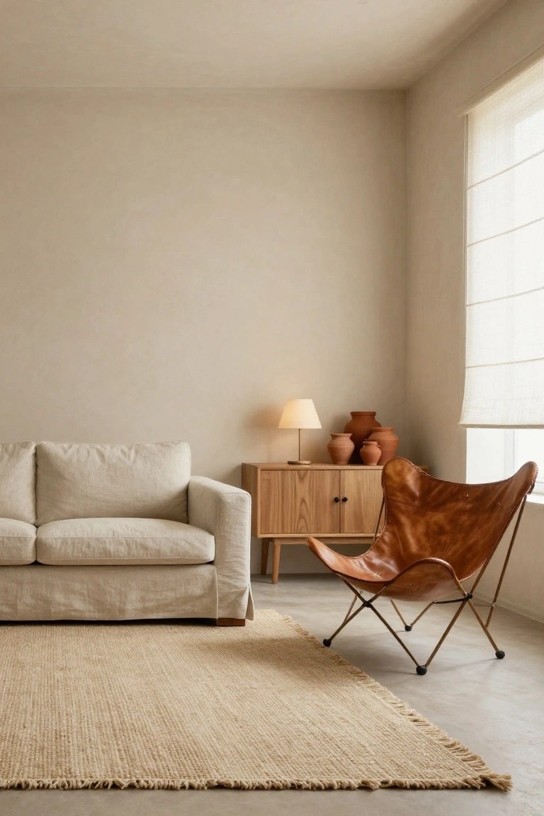 A neutral-toned living room corner with a cream slipcovered sofa, wooden credenza topped with a lamp and three terracotta pots, tan leather butterfly chair, seagrass rug, and a window with light blinds on a concrete floor.