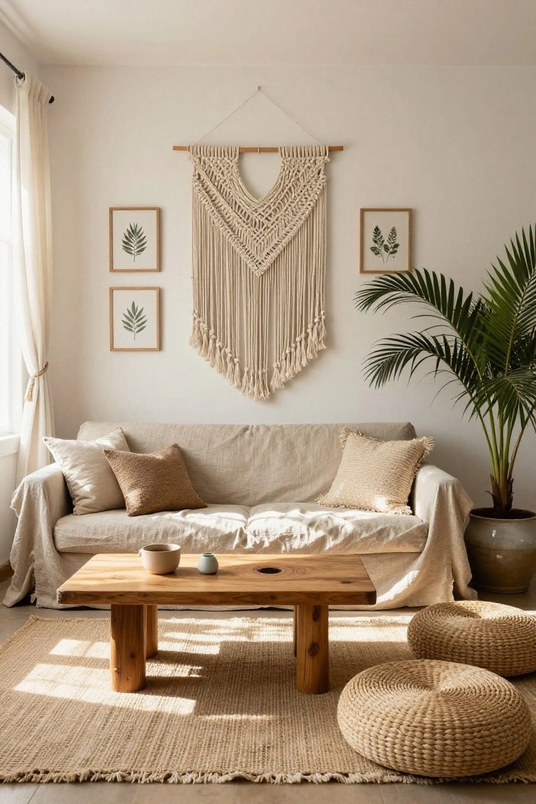 A neutral-toned living room with a large beige macrame wall hanging centered on a white wall flanked by two framed leaf prints, a beige linen slipcovered sofa with textured pillows and throw, low wooden coffee table holding ceramic vessels, seagrass rug, pair of rattan poufs, potted palm plant, and sheer curtains on a window.