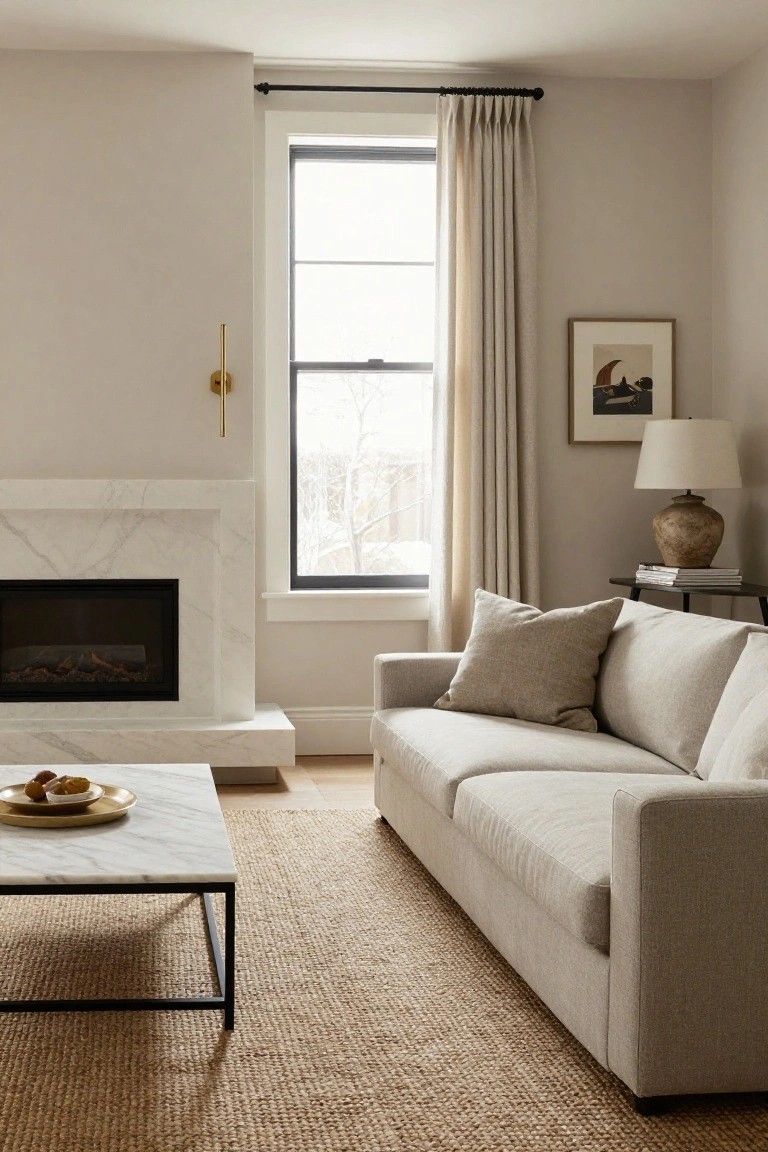Beige living room with white marble fireplace, light gray linen sofa, seagrass rug, black metal coffee table with gold tray, large window with cream curtains, and side table with lamp.