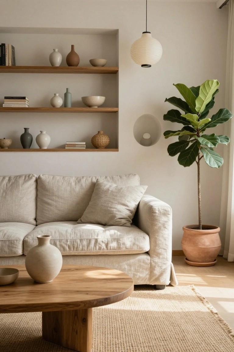 A neutral-toned living room with a beige linen sofa, wooden coffee table holding ceramic bowl and vase, large potted fiddle leaf fig plant, and recessed wooden shelves displaying various beige and white pottery pieces.