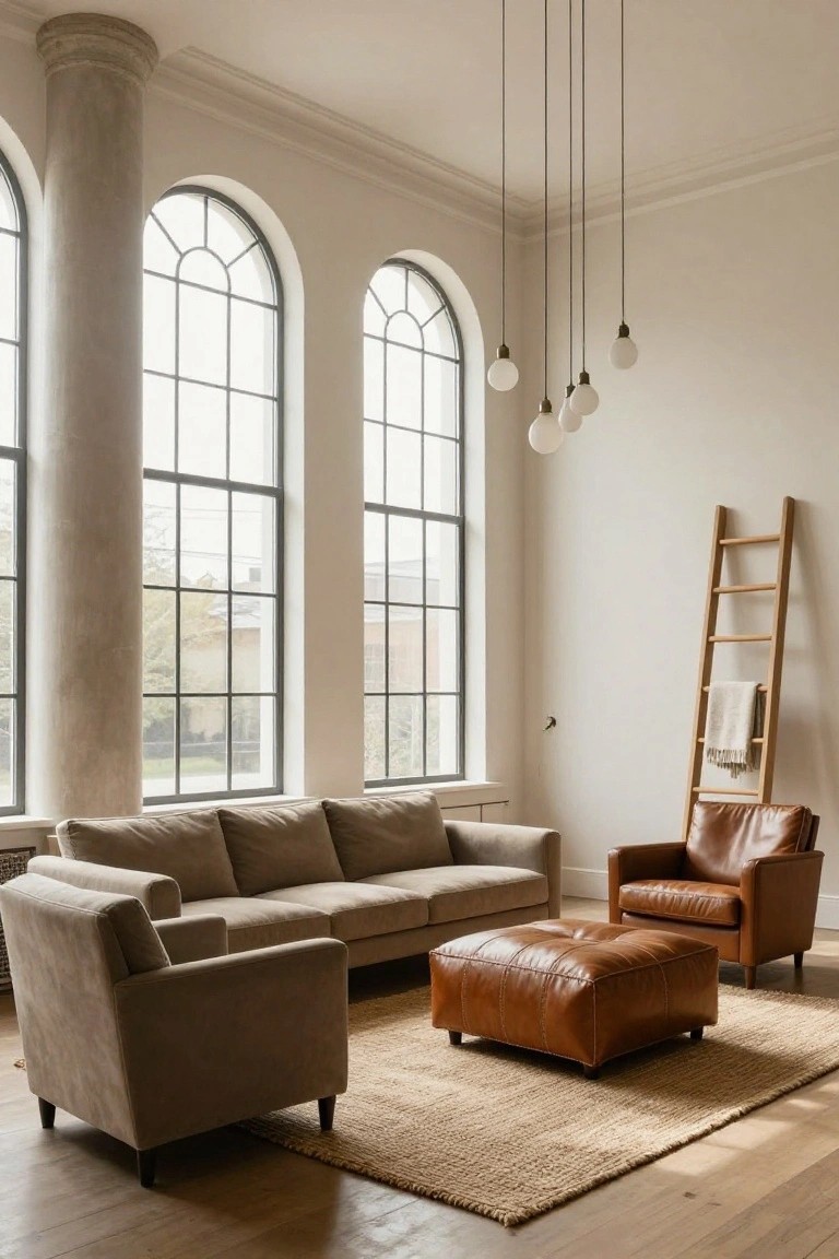 Living room with tall plaster column, two large arched windows, neutral fabric sectional sofa and armchair, leather ottoman, seagrass rug, and wooden ladder draped with a white throw against white walls and wood floors.