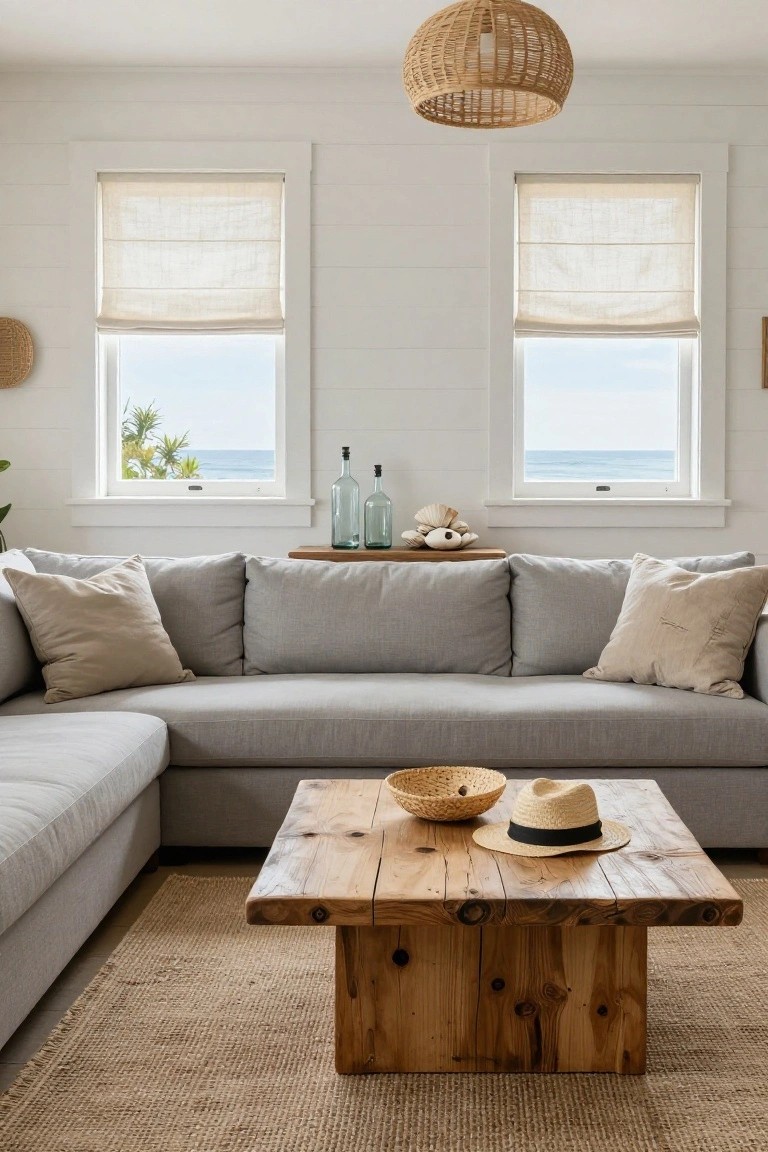 Neutral gray L-shaped sofa in a white shiplap living room with linen roman shades on large windows showing ocean view, rustic wood coffee table holding straw basket and hat, seagrass pendant light overhead, shells and bottles on shelf.