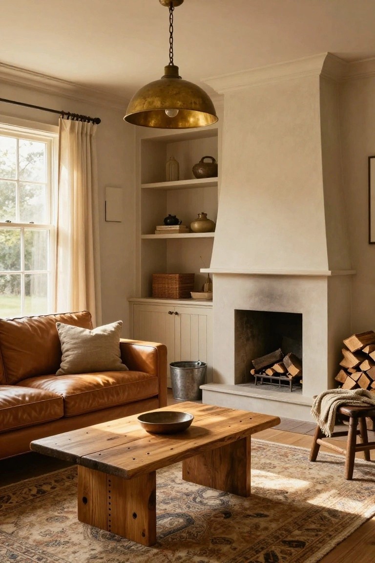 Living room featuring a tan leather sofa, low rustic wooden coffee table with a metal bowl, beige stone fireplace with firewood stack, built-in shelves, brass pendant light, and neutral rug.