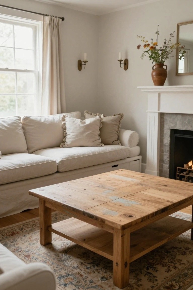 A neutral living room corner with a white slipcovered sofa, square rustic wooden coffee table on a patterned rug, lit fireplace, wall sconces, and window with sheer curtains.