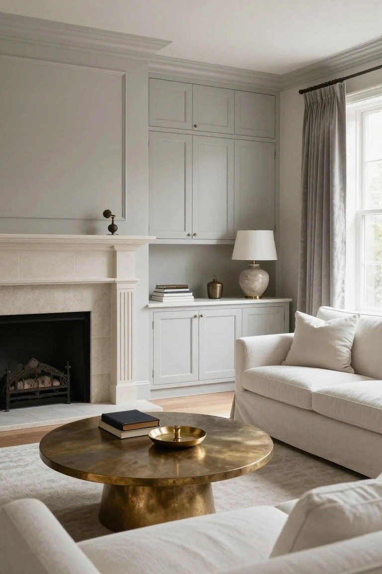 Living room with limestone fireplace flanked by tall pale gray built-in cabinets, white sofa, brass coffee table, and window with gray curtains.