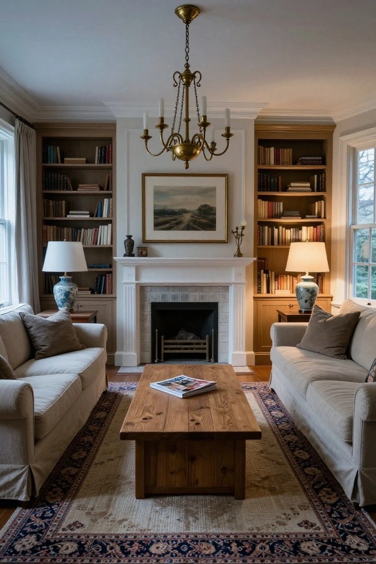 Neutral living room with two beige slipcovered sofas facing each other across a rectangular wooden coffee table, white fireplace centered between them, wooden bookshelves and lamps on side walls, brass chandelier overhead, and Persian-style rug underneath.