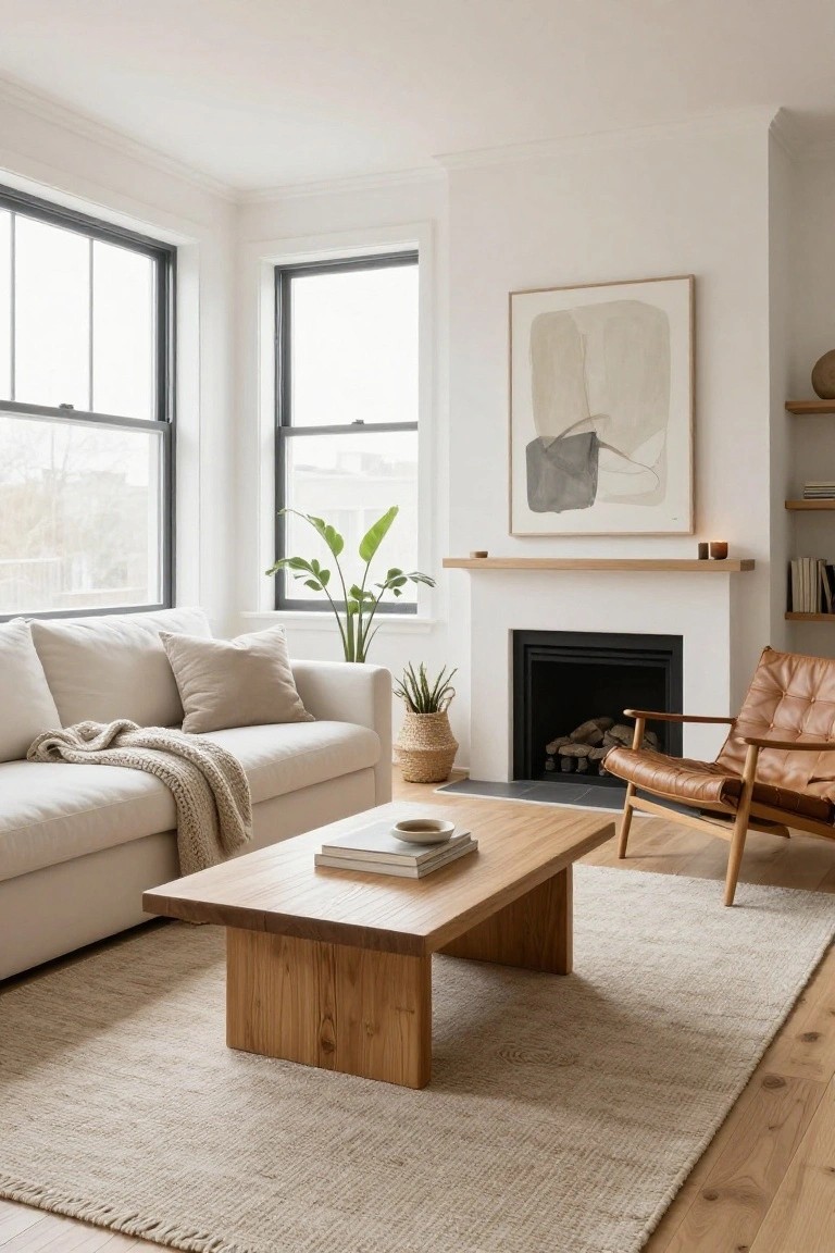Corner living room with white walls, black-framed windows, cream sofa with throw blanket, low rectangular wooden coffee table, tan leather armchair, white fireplace with logs, seagrass rug, potted plants, and abstract wall art.