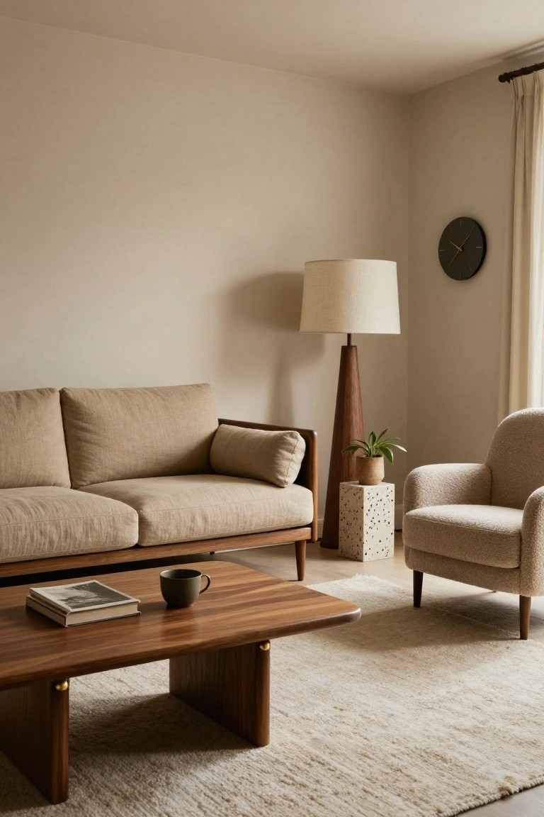 Beige living room with linen sofa, cream bouclé armchair, low wooden coffee table, tripod floor lamp, potted plant on terrazzo stool, wall clock, mug, and book on table atop light rug.