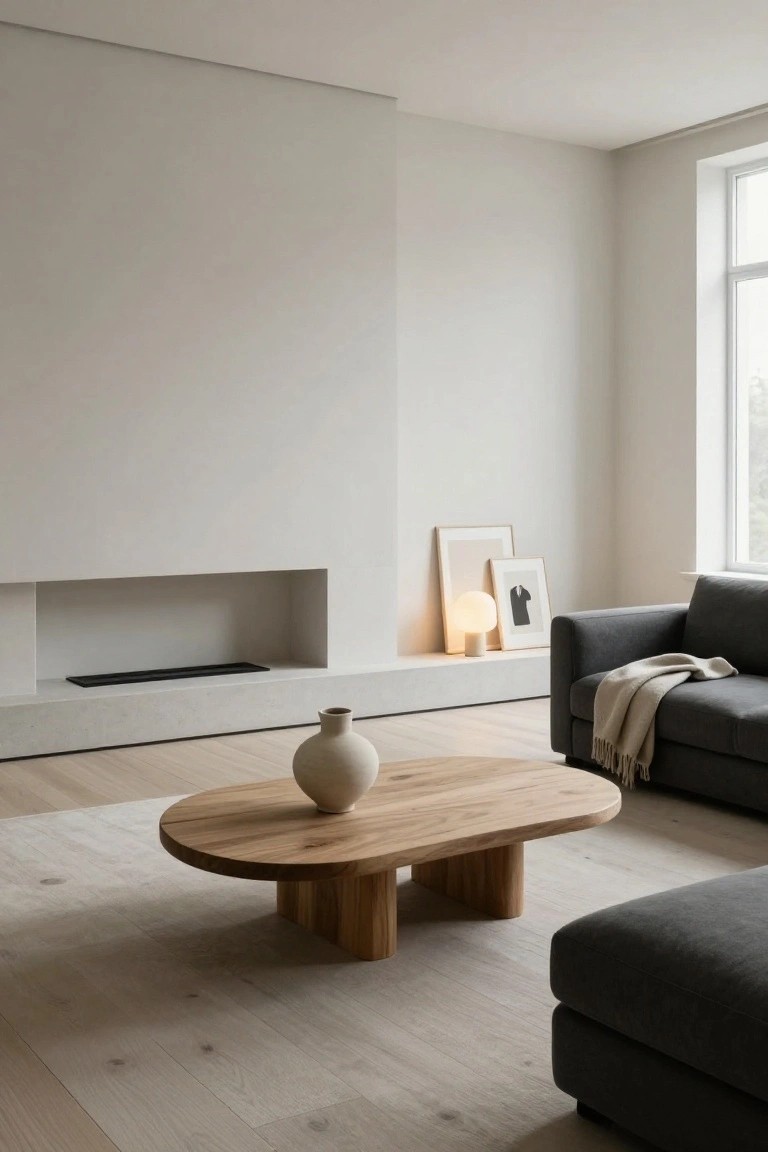 Minimalist living room with light wood floors, white walls and fireplace, gray sofa with throw blanket, oval wooden coffee table on beige rug, ceramic vase, lamp, and framed artwork.