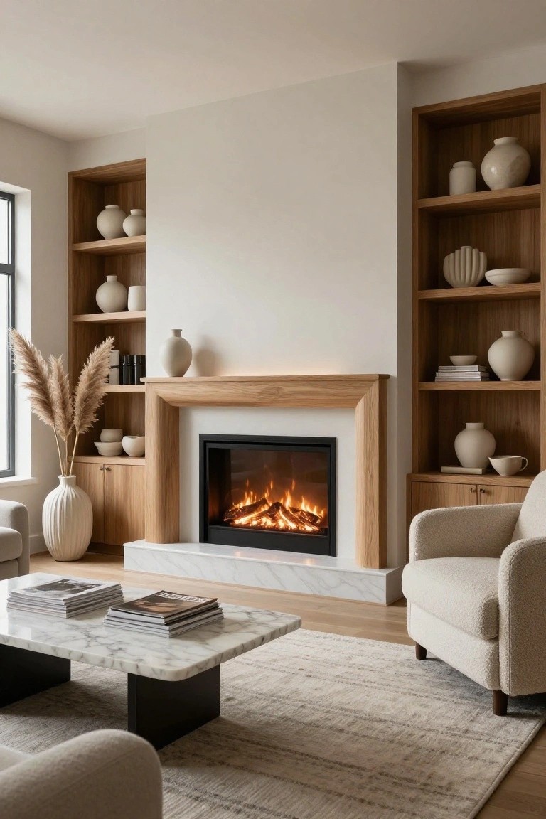 Modern living room with a lit fireplace, wooden shelves, marble coffee table, and beige armchairs.