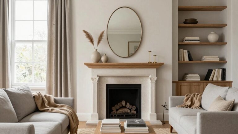 A cozy living room featuring a neutral color palette, a stone fireplace with a wooden mantel, soft gray sofas, and minimalist decor, creating a serene atmosphere.