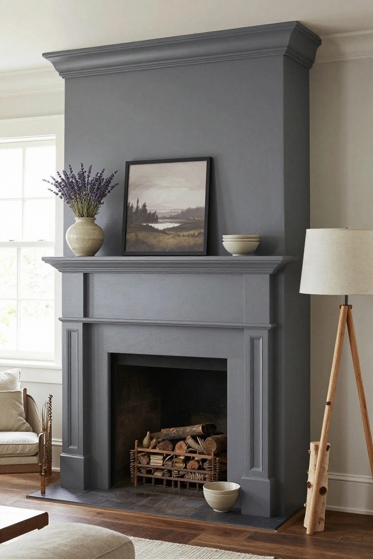 Tall dark gray painted fireplace mantel with a black-framed landscape painting centered above the hearth, flanked by a lavender-filled vase, stacked white bowls, and a tripod floor lamp nearby, plus a firewood basket inside the firebox.