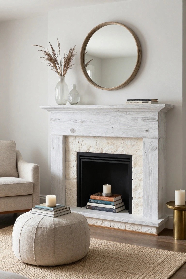 Whitewashed wooden mantel over a stone fireplace hearth, styled with stacked books topped by white pillar candles, flanked by white vases of dried pampas grass, beside a beige armchair and pouf on a jute rug.