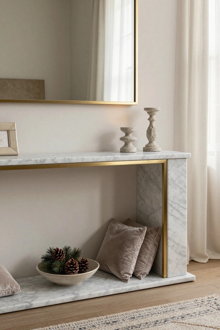 White marble console table with brass frame against a beige wall, topped with gold mirror, stone candlesticks, gold picture frame, and bowl of pinecones; velvet pillows on lower shelf beside sheer curtains and wood floor with rug.