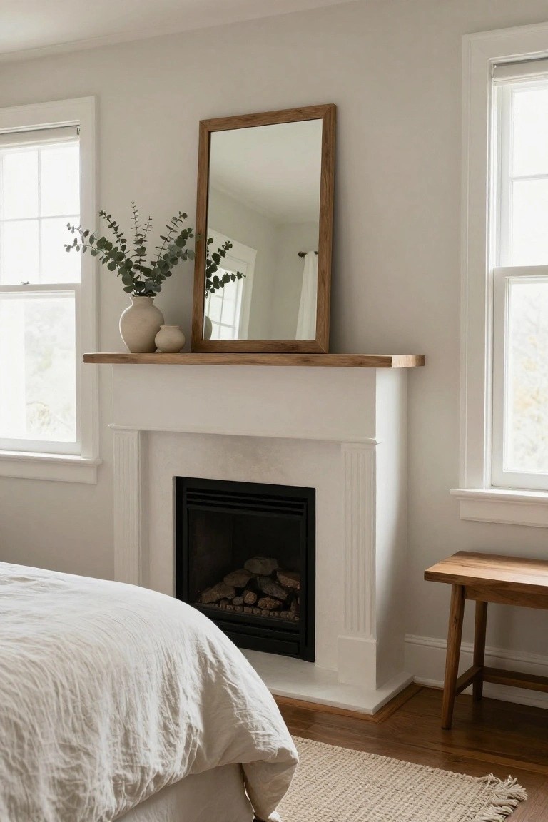 Minimal bedroom with white fireplace, wooden mantel, mirror, and eucalyptus vase.