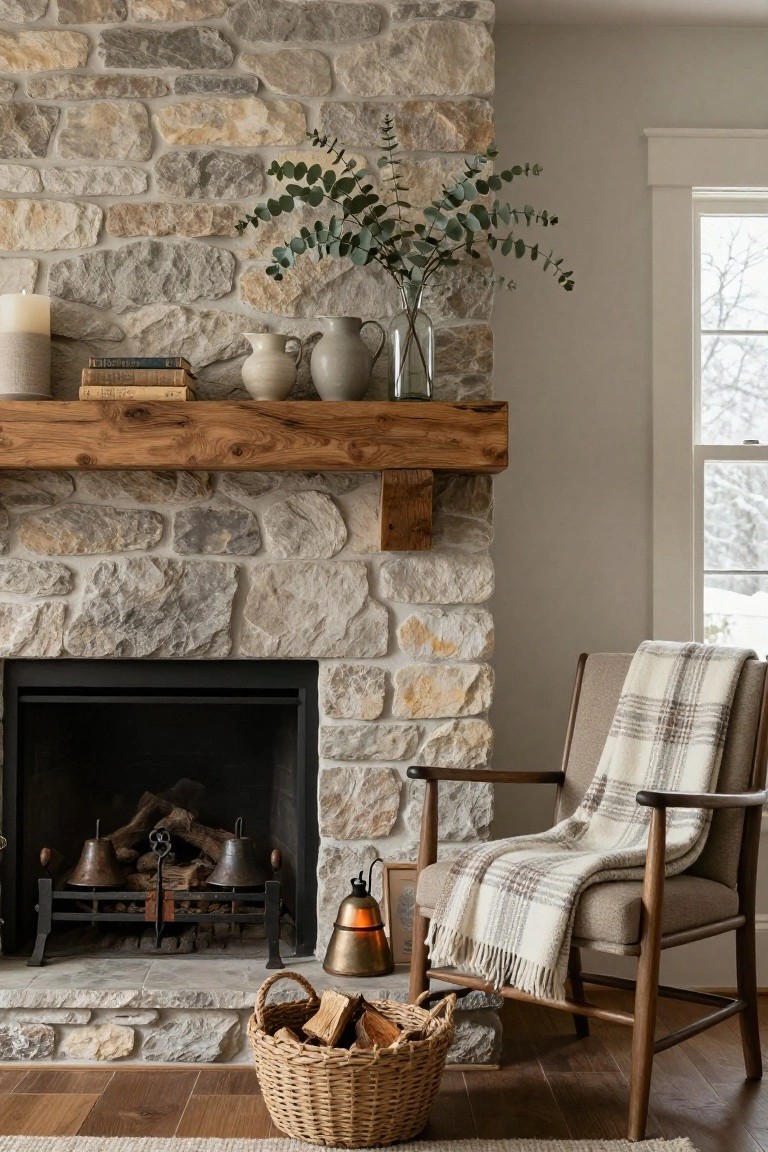 Stone fireplace with wooden mantel holding white jugs, eucalyptus stems, and stacked books, beside a plaid-blanketed armchair, brass lantern, and firewood basket in a neutral room.