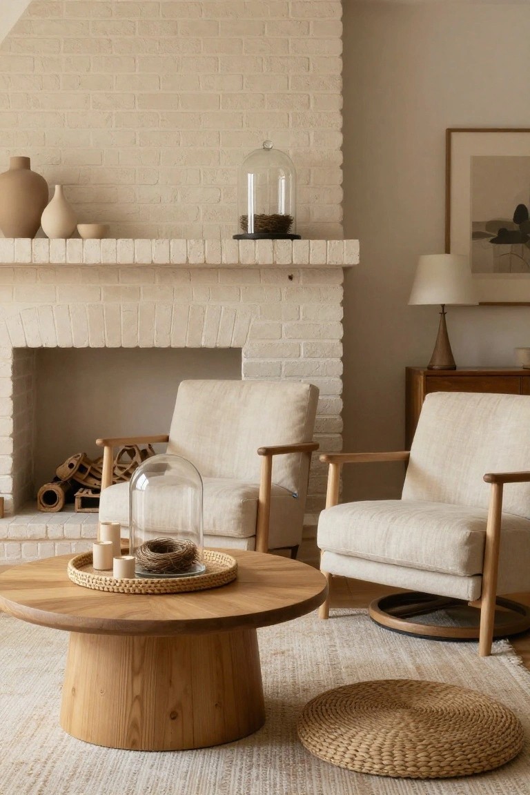Beige brick fireplace mantle holding cream pottery vases, a small dish, and a glass dome over a bird's nest on a black base, with armchairs, wooden coffee table, and woven stool in a neutral living room.