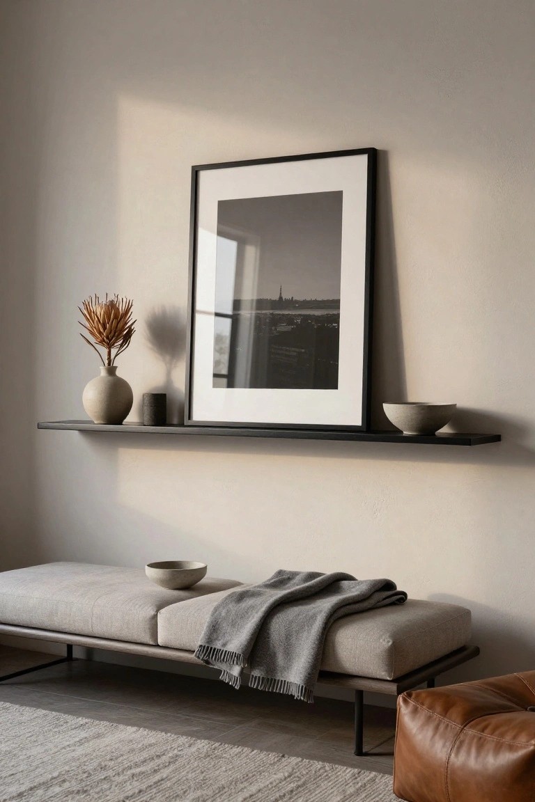 Beige room with black floating shelf holding gray ceramic vase with dried spiky flowers, black candle holder, and two ceramic bowls flanking a large black-framed black-and-white photo of city skyline, above low gray linen bench with gray throw blanket, white ceramic bowl, tan leather pouf, beige rug, and light wood floor.