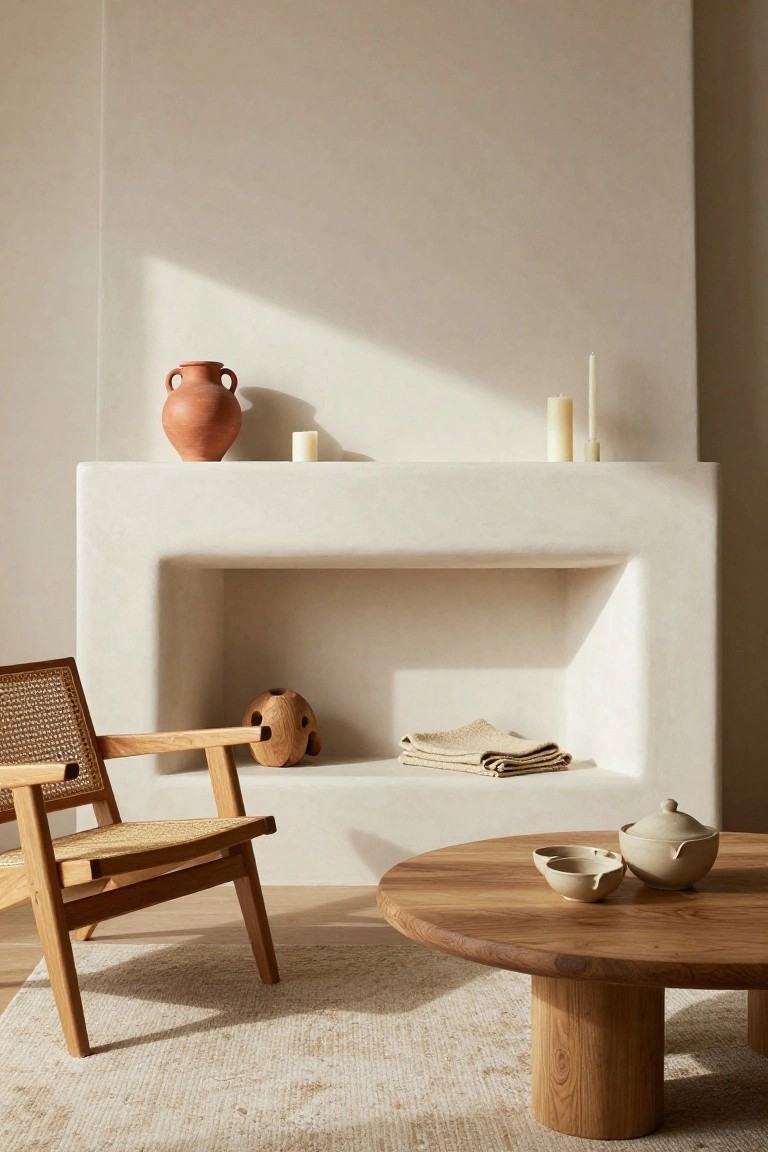 Minimalist living room with wooden chair, coffee table, and clay pottery.