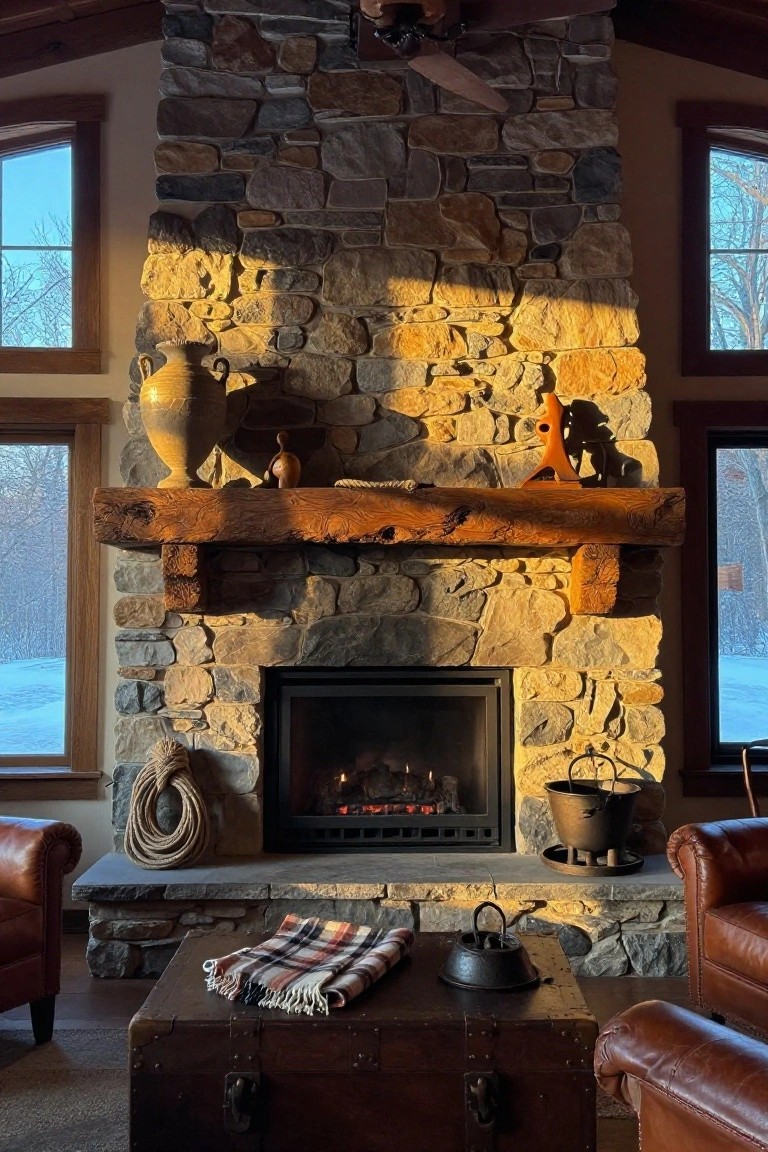 Rustic stone fireplace with wooden beam mantel holding pottery urn, wooden sculptures, rope coil, and figures, gas fire burning, plaid blanket on trunk in front, leather chairs flanking, snowy woods visible through tall windows.