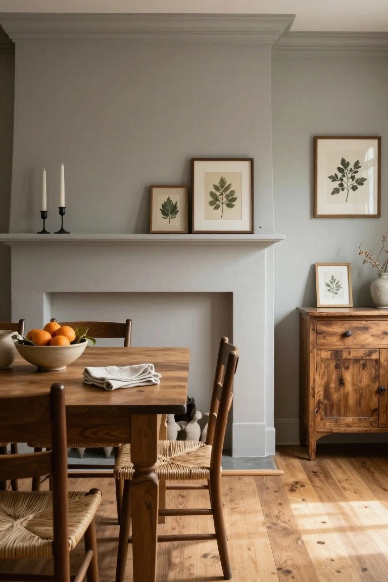 Dining room interior with gray walls and fireplace mantel shelf holding stacked framed botanical leaf prints and black candlesticks, wooden table with bowl of oranges and napkin, rush chairs, and wooden sideboard.