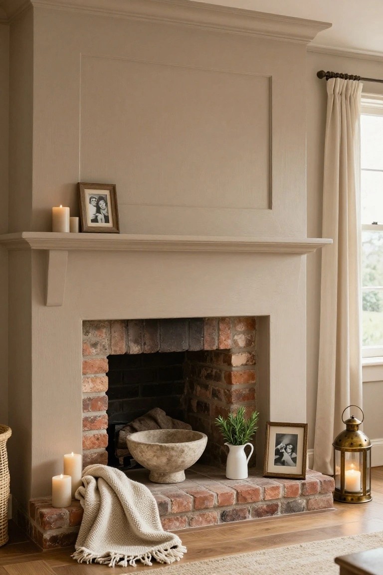 Beige fireplace mantel with brick firebox, styled with white pillar candles, two framed black-and-white photos, stone bowl, white jug of rosemary, another framed photo, brass lantern, and cream throw on the hearth next to a woven basket.