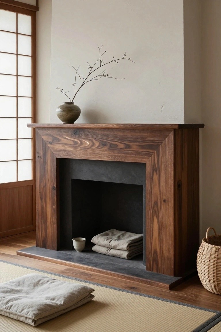 Wooden fireplace mantle in a tatami-floored Japanese-style room with shoji screen window, gray pottery vase holding branches on the mantle, white teacup, folded gray linens in the hearth, and woven basket nearby.