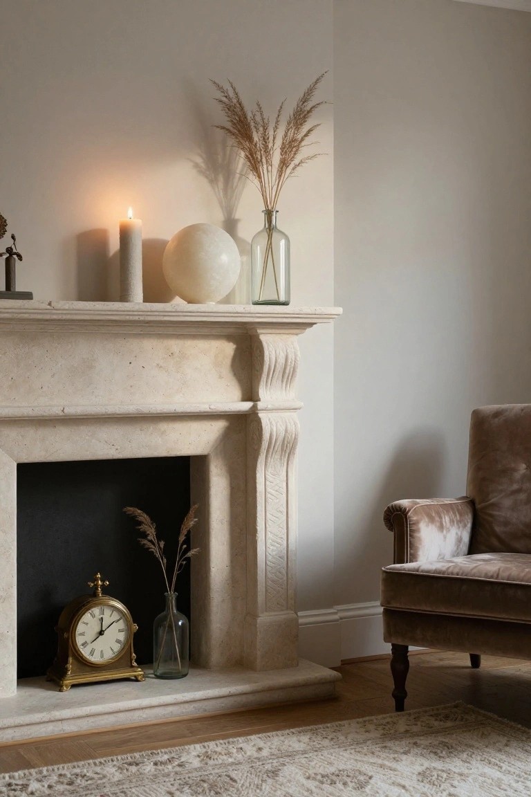 Beige stone fireplace mantel decorated with dried pampas grass in glass vases, a gold carriage clock, white candles, a white orb, and a small sculpture, next to a brown velvet armchair in a light gray room with hardwood floors.