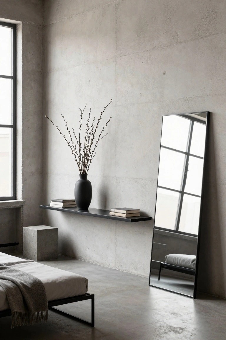 Concrete-walled bedroom with full-length black-framed mirror, floating black shelf holding black vase of branches and stacked books, low white platform bed with gray throw, and concrete stool.