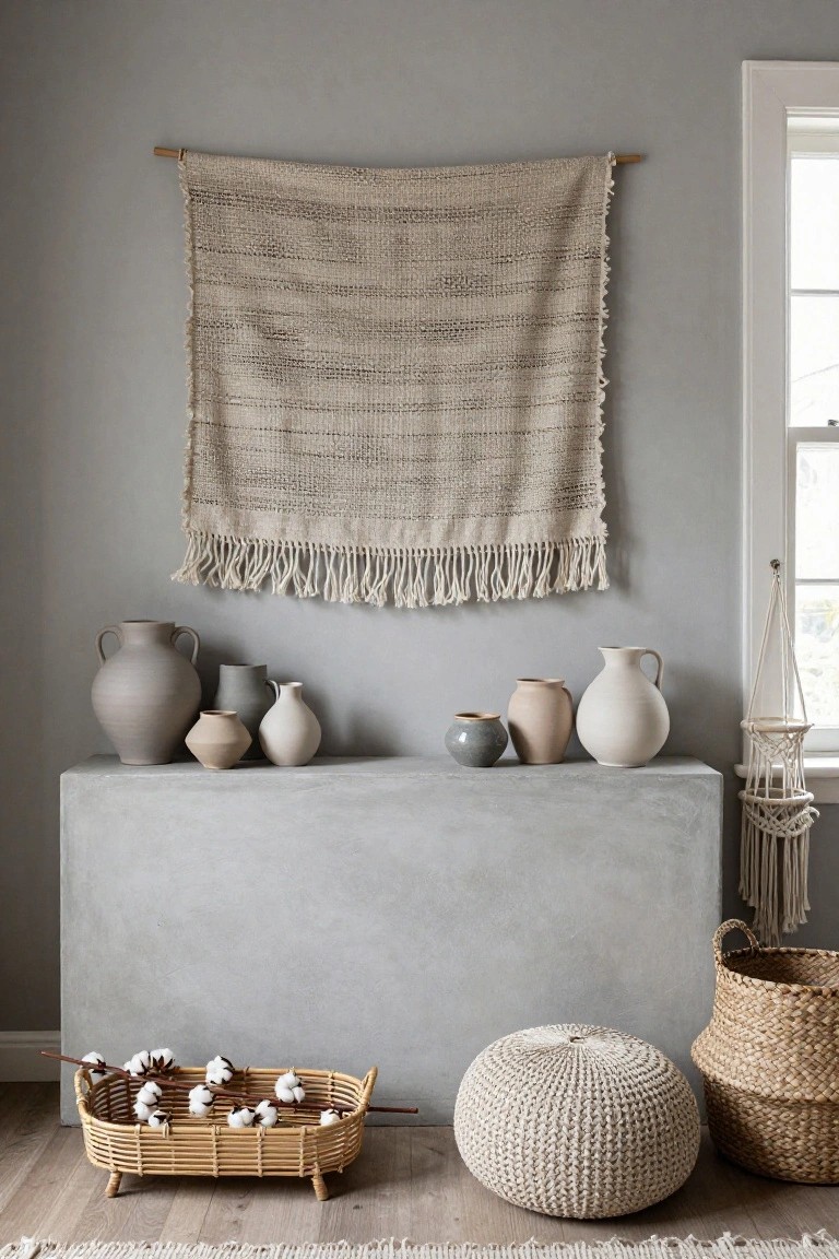 Gray interior corner with beige woven tapestry on wall above concrete console holding six neutral ceramic vases and pitchers of varied shapes and sizes, macrame plant hanger nearby, cotton bolls in rattan tray on floor beside knit pouf and seagrass basket.