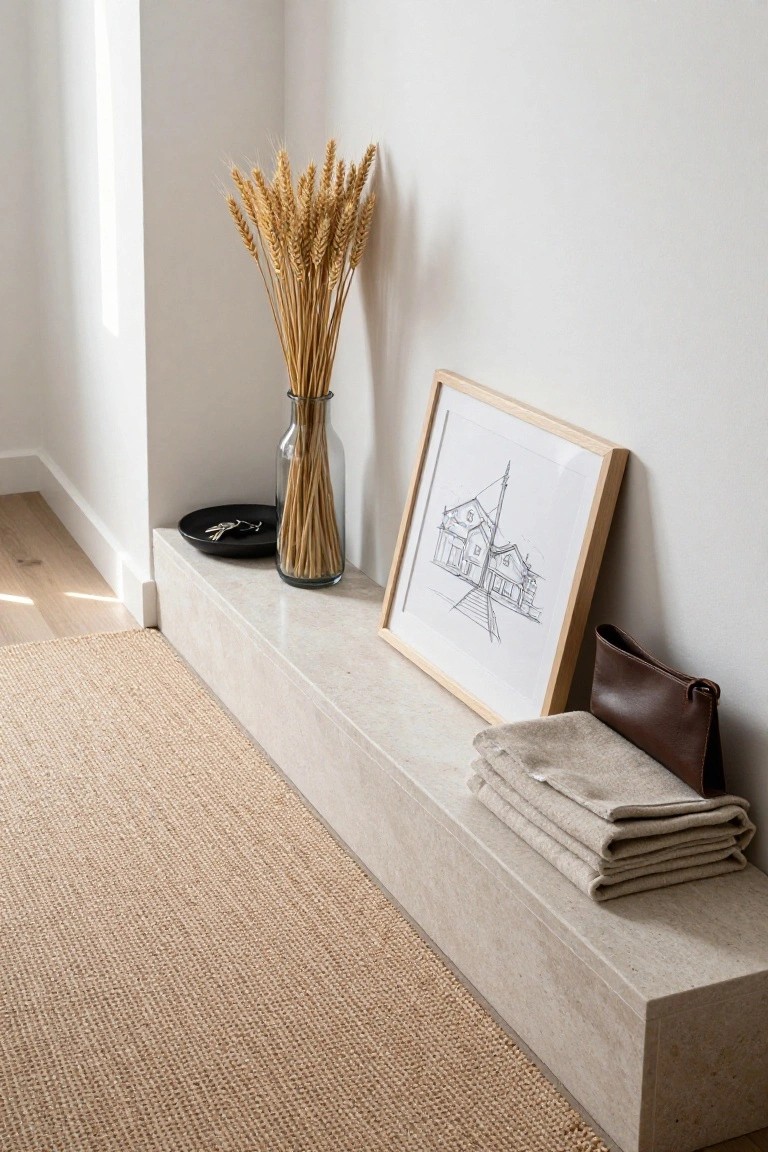 Low stone mantle shelf against white wall, styled with glass vase of tall wheat stalks, black dish holding keys, framed white line drawing of a building with steeple, brown leather bag, and stacked beige throws, seagrass rug on wood floor below.