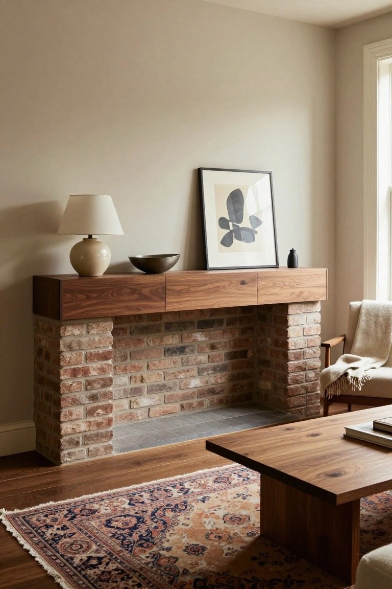 Brick fireplace in a beige-walled living room with a walnut wood mantel shelf featuring two drawers, topped by a ceramic lamp, metal bowl, small vase, and framed abstract black-and-white print, next to a chair, wood coffee table, and Persian rug on oak floors.