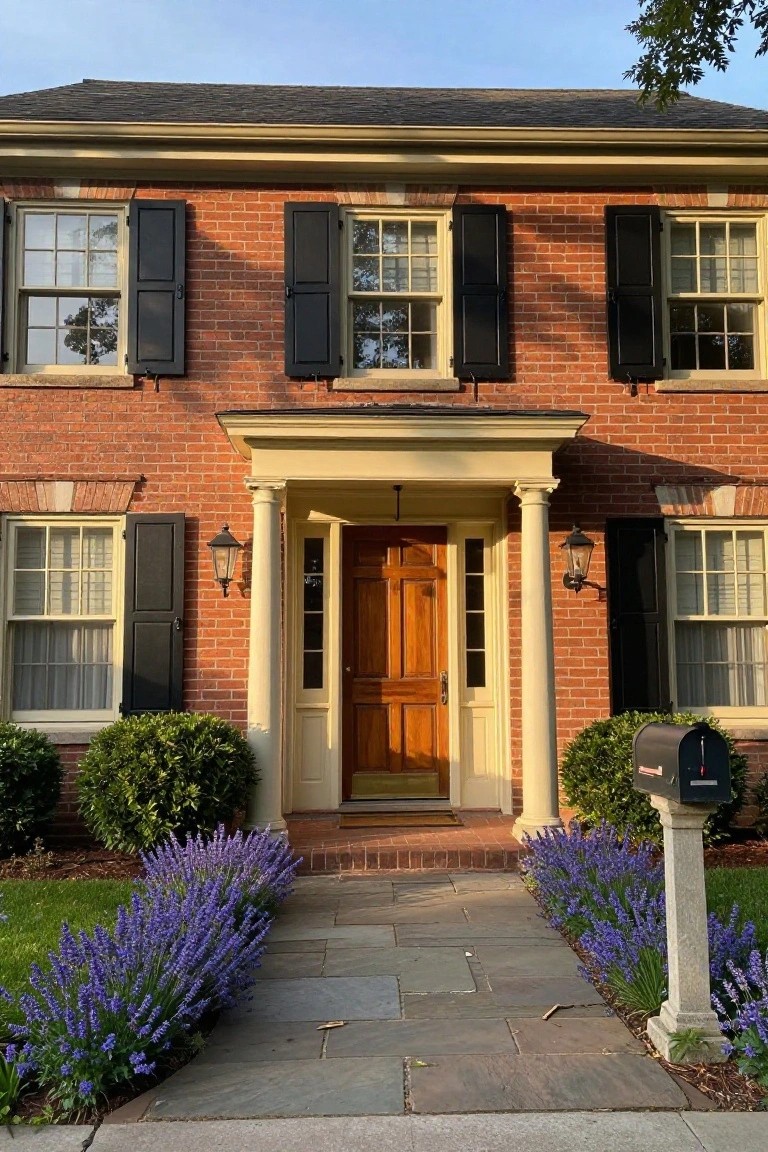 Two-story red brick Colonial house exterior with beige trim, black shutters on white-framed multipane windows, central wooden front door under a pedimented portico with two columns, lanterns flanking the entry, boxwood shrubs, lavender along a flagstone path, and a black mailbox on a stone post.