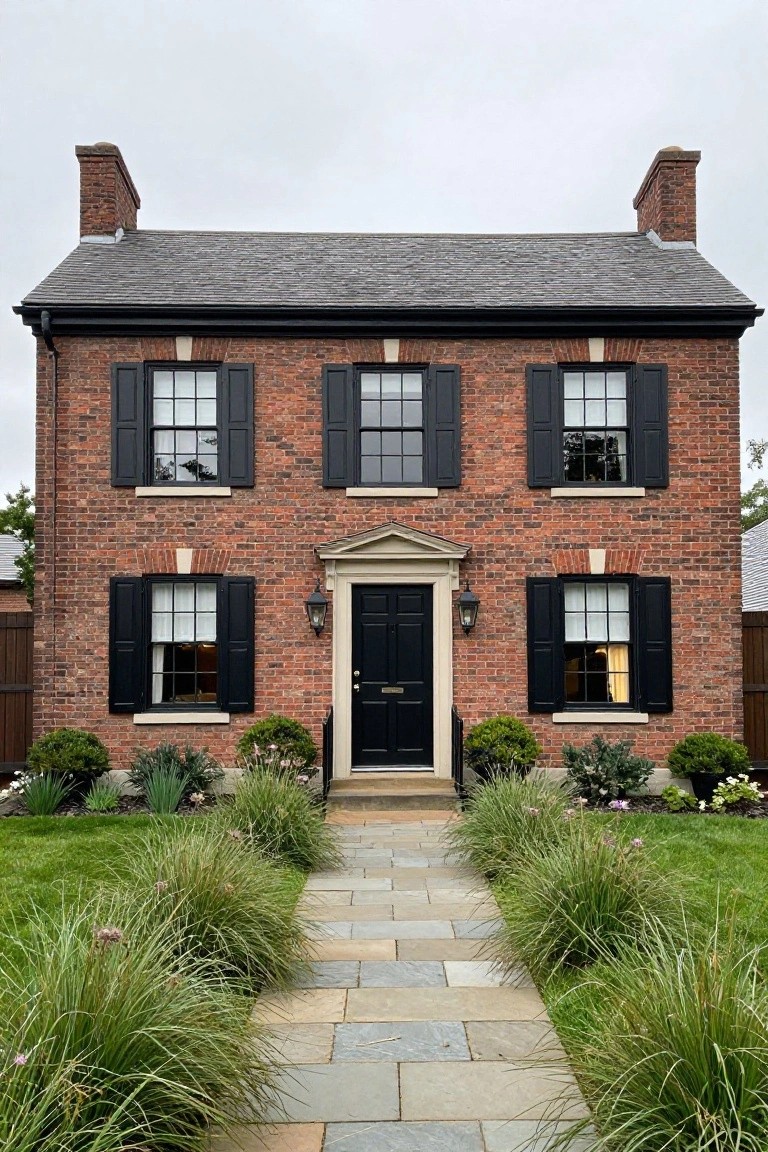 Two-story red brick house with black shutters on multi-pane windows, a centered black front door with pediment, flanked by boxwoods and ornamental grasses along a bluestone pathway.
