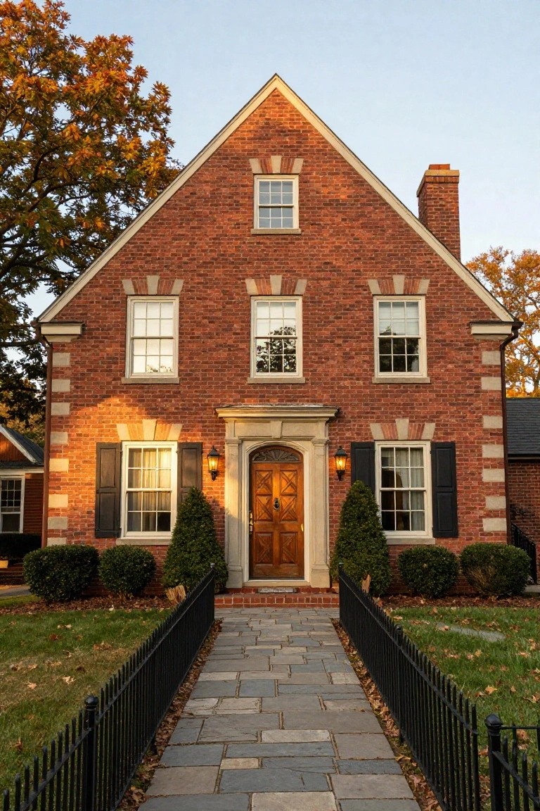 Two-story red brick Colonial house with gabled roof, white stone quoins and lintels, multi-pane double-hung windows with shutters, arched pedimented wooden front door flanked by lanterns, boxwood shrubs, slate walkway, and black iron fence.