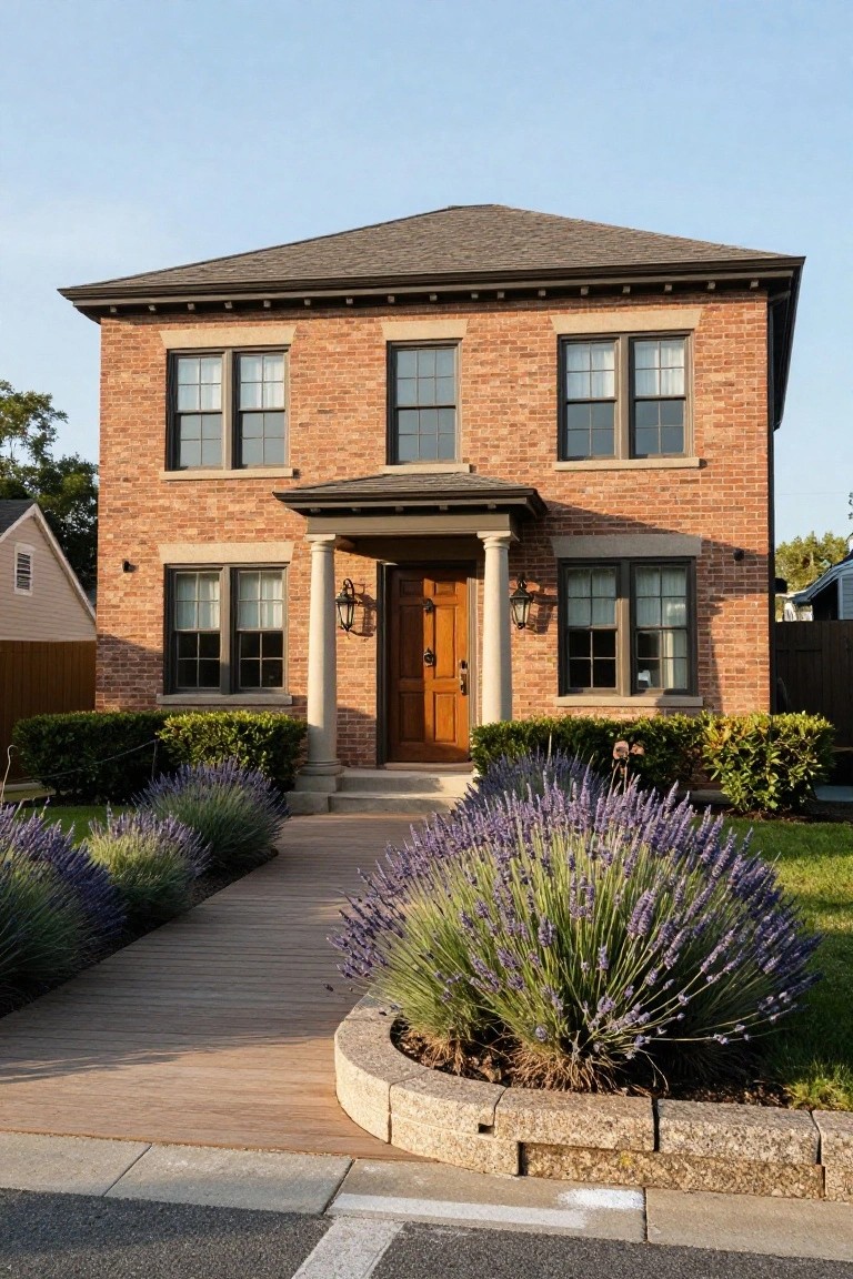 Two-story red brick house with dark gray roof, white-trimmed windows, columned front portico with wood door and lanterns, wooden walkway lined with lavender bushes leading from the street.