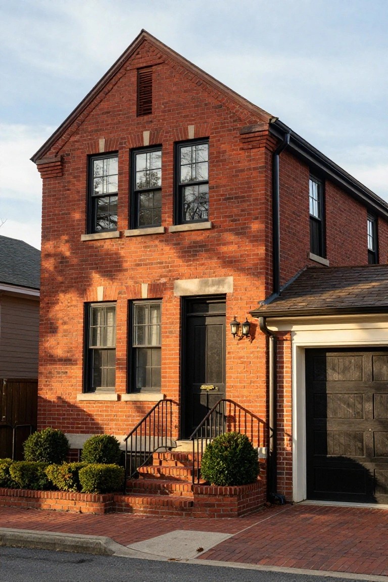 Two-story red brick house with gabled roof, black-framed multi-pane windows, black front door with lanterns and iron-railed brick steps, boxwood shrubs, attached garage, and brick walkway.