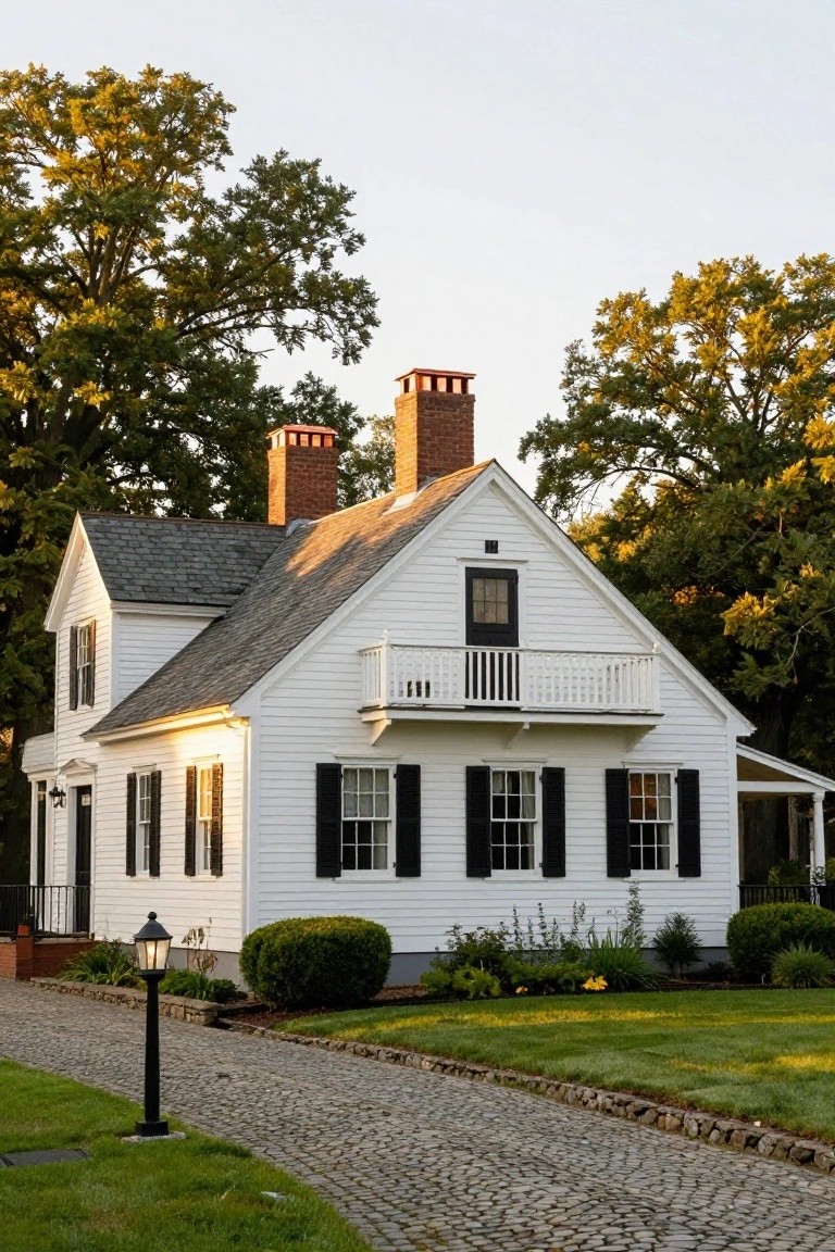 White clapboard colonial house with black shutters, multiple windows, brick chimneys, small upper balcony, landscaped yard, and cobblestone path.
